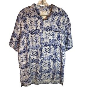 Tasso Elba Island shirt men L Blue Cream Short sleeve silk linen button resort